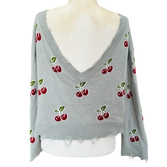 Cherry Sweater Knit Thrashed Womens Medium Grey Red V Back Grunge Cozy Punk - Picture 2 of 11